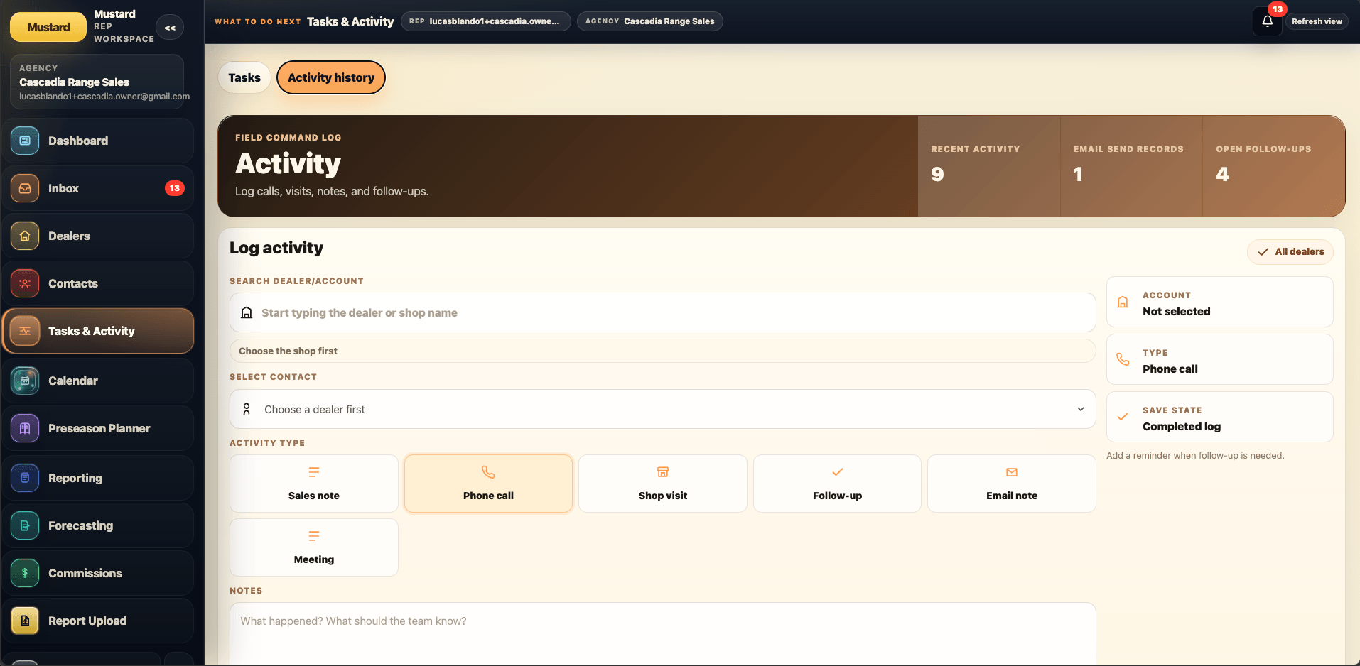 Mustard Activity history showing calls, visits, notes, and follow-up connected to dealers