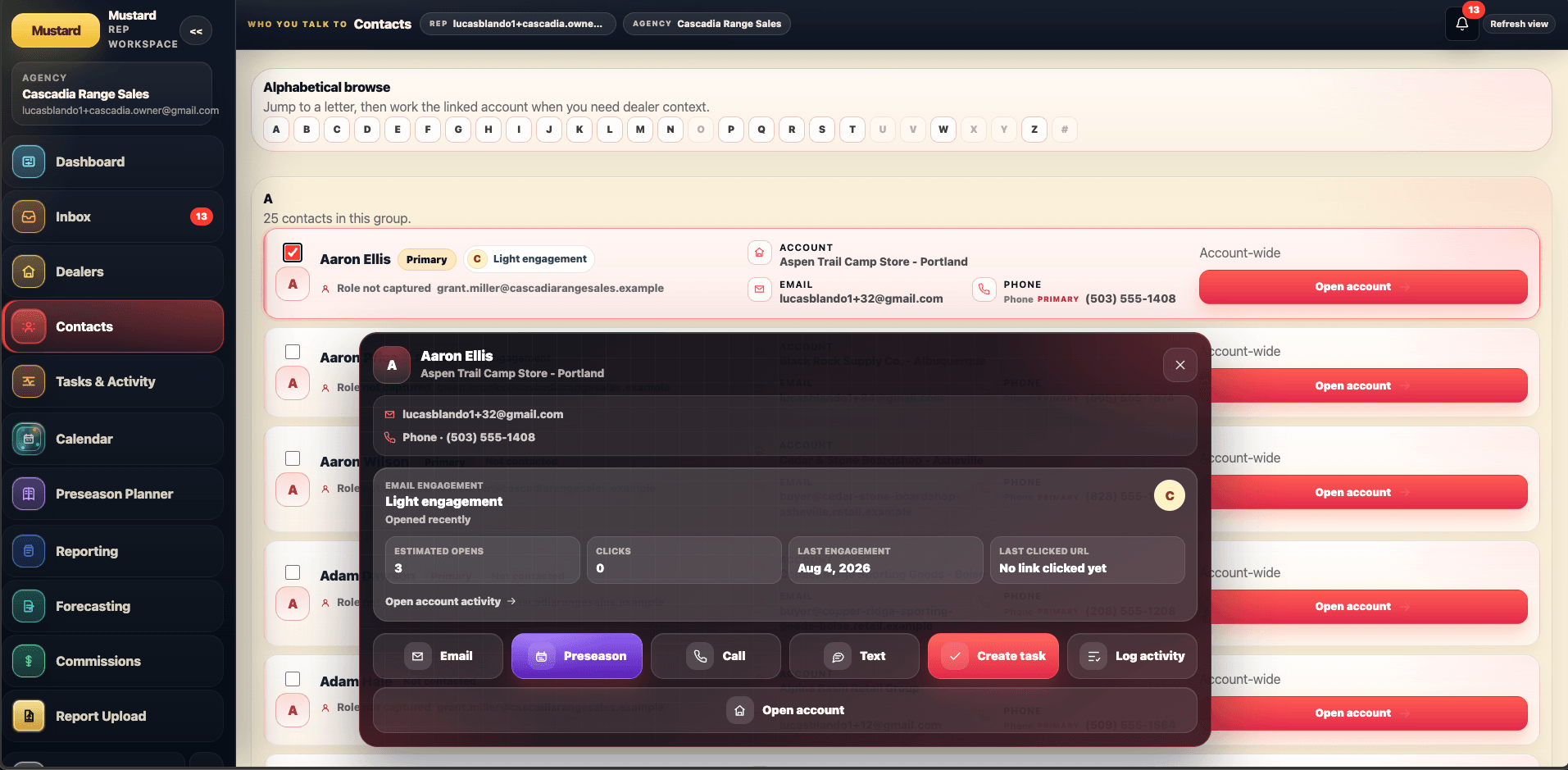 Mustard contact detail showing buyer information, engagement context, task and activity actions, and a direct dealer link