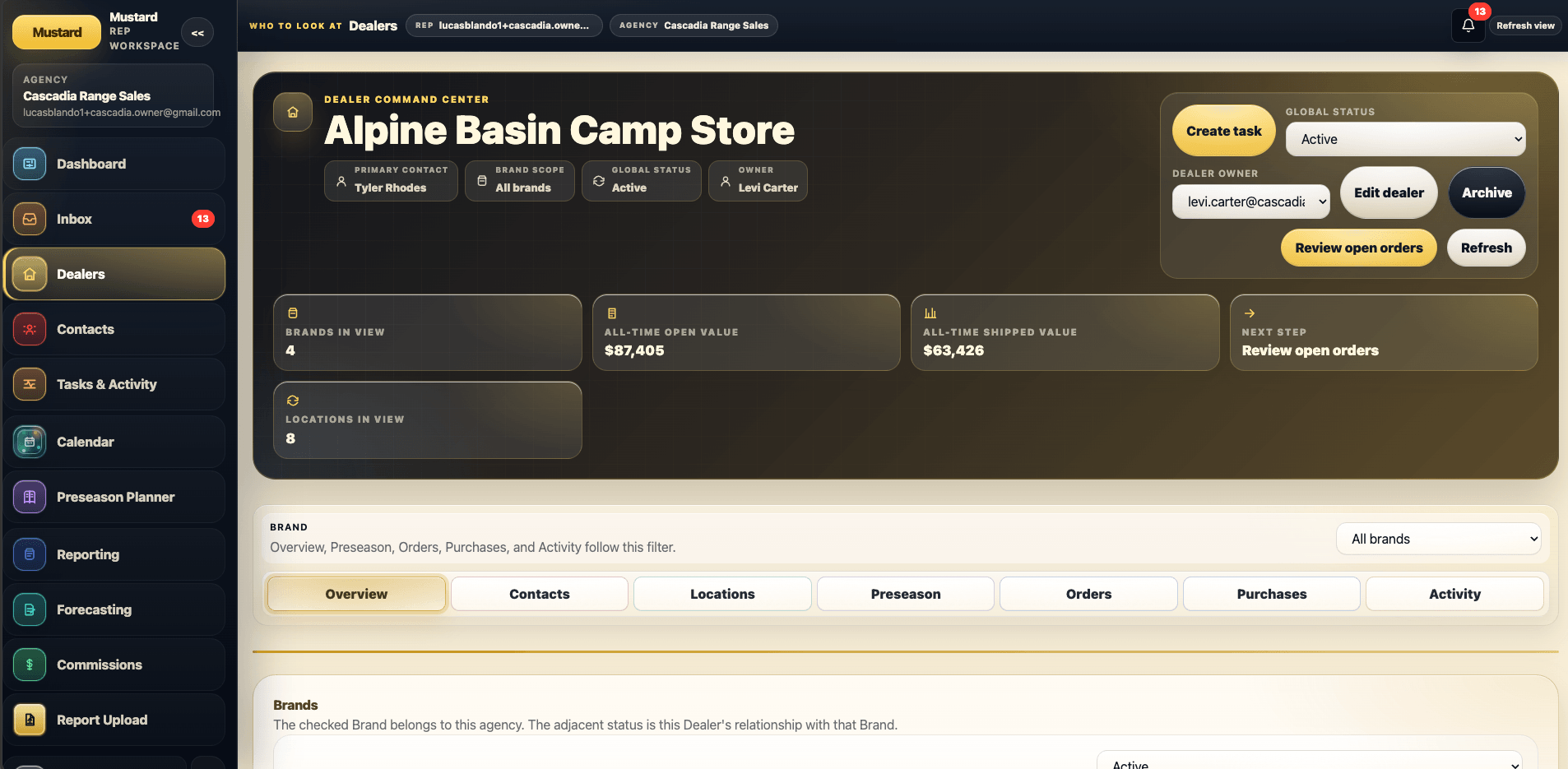 Mustard dealer command center connecting brands, contacts, locations, preseason, orders, purchases, and activity
