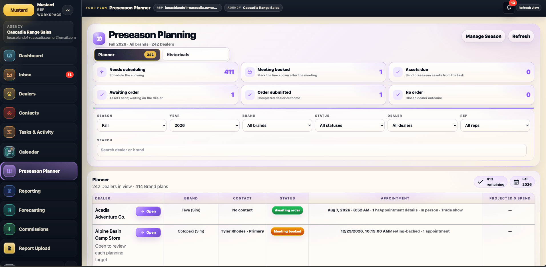 Mustard Preseason Planner showing plans by dealer and brand with appointment and order statuses