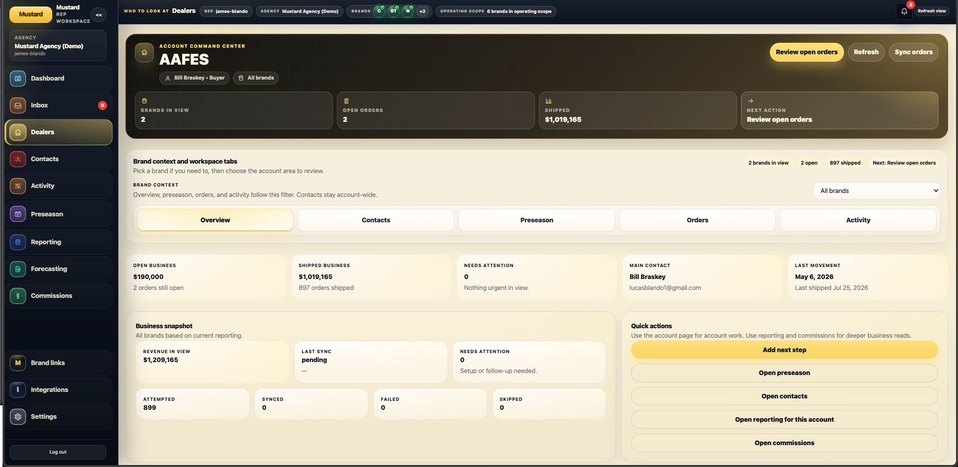 Dealer command center in the Mustard rep workspace